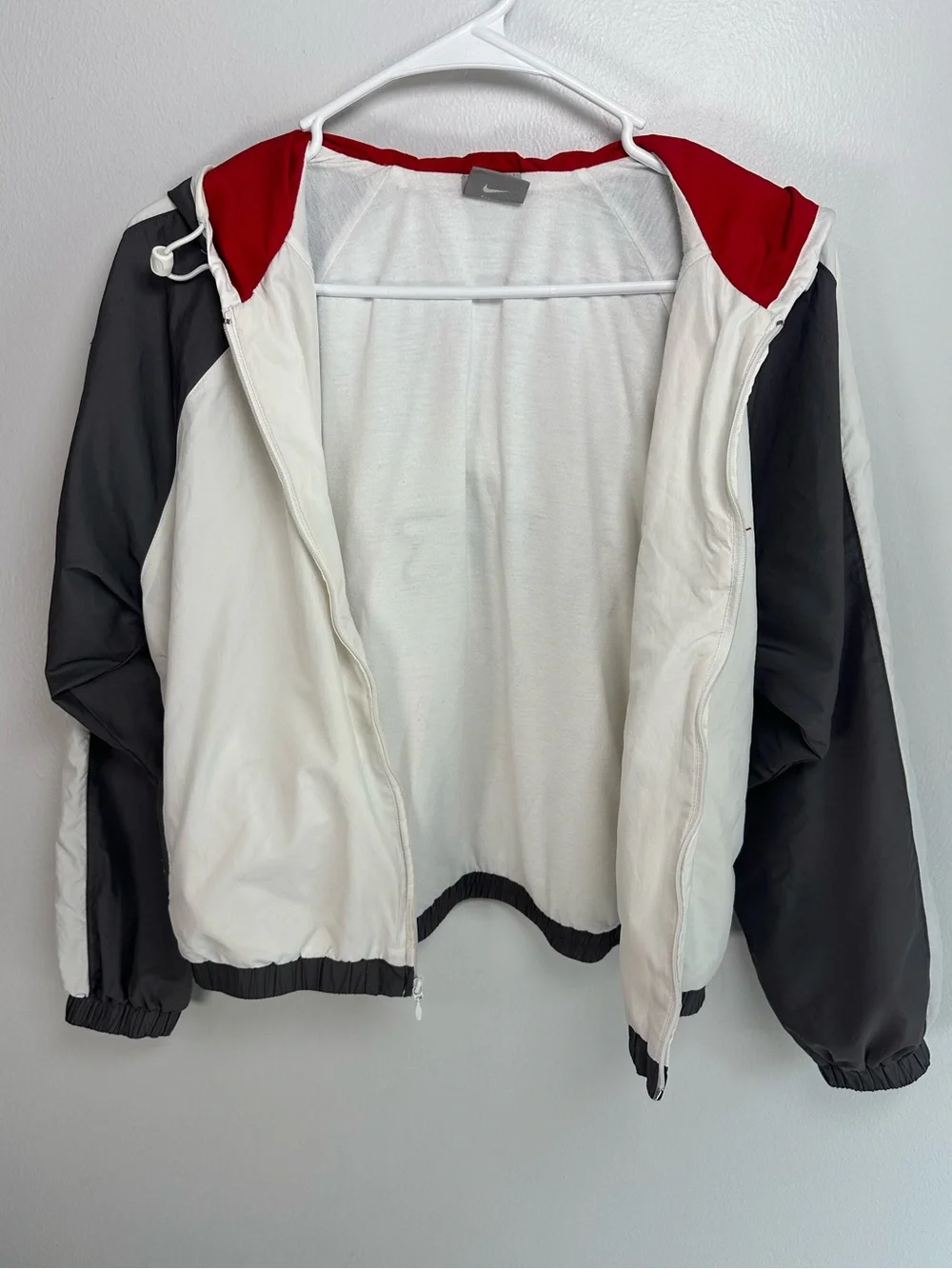 Vintage Nike Y2K White, Charcoal & Red Hooded Track Jacket spellout Windbreaker